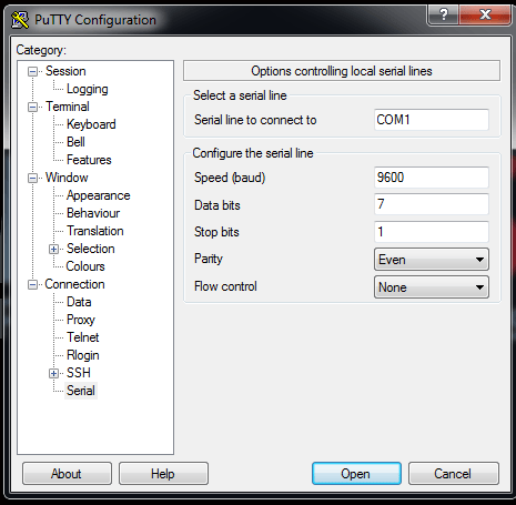 Putty Serial Settings