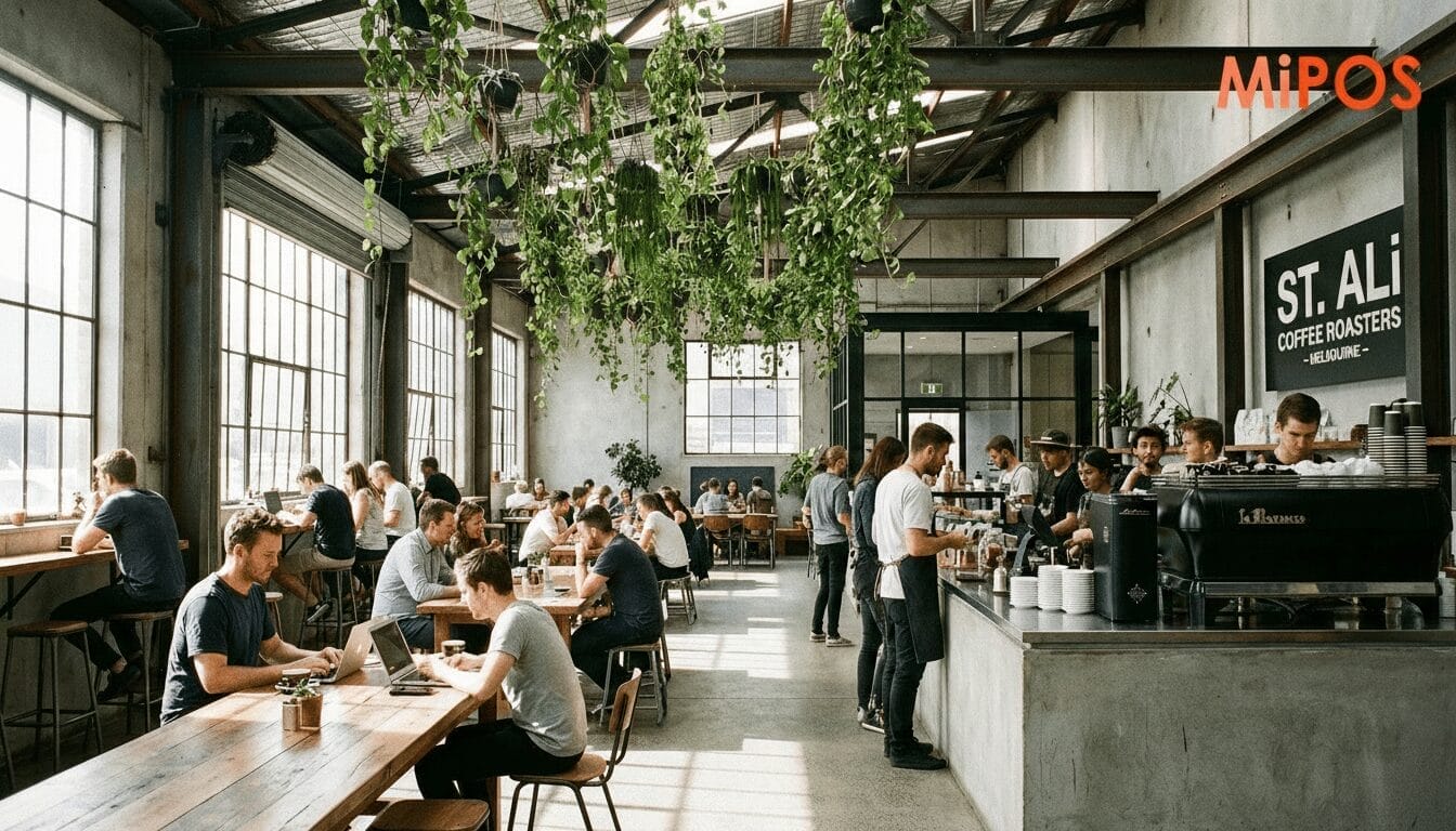 Wide shot of a bustling industrial-style cafe filled with customers dining and baristas working behind the counter