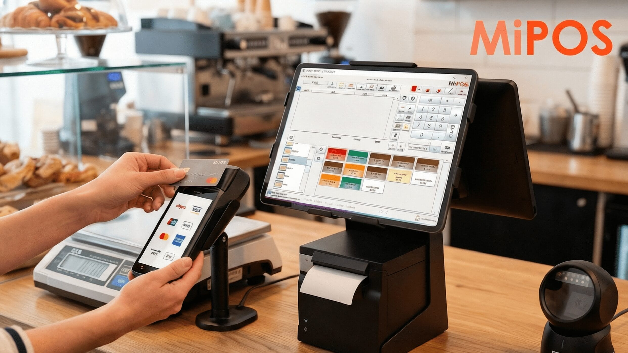 Complete MiPOS counter setup featuring a touchscreen tablet POS interface, thermal receipt printer, barcode scanner, and integrated payment terminal