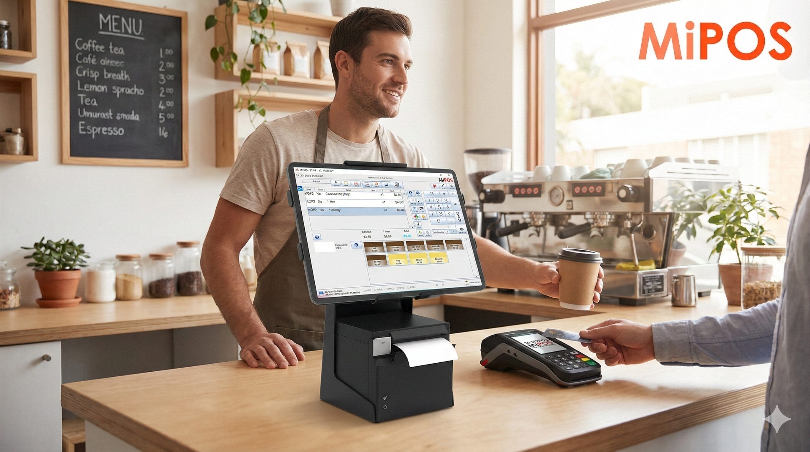 Barista using POS system in modern cafe