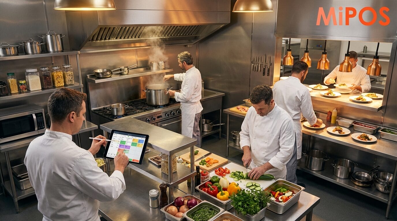 Kitchen staff using POS system order display