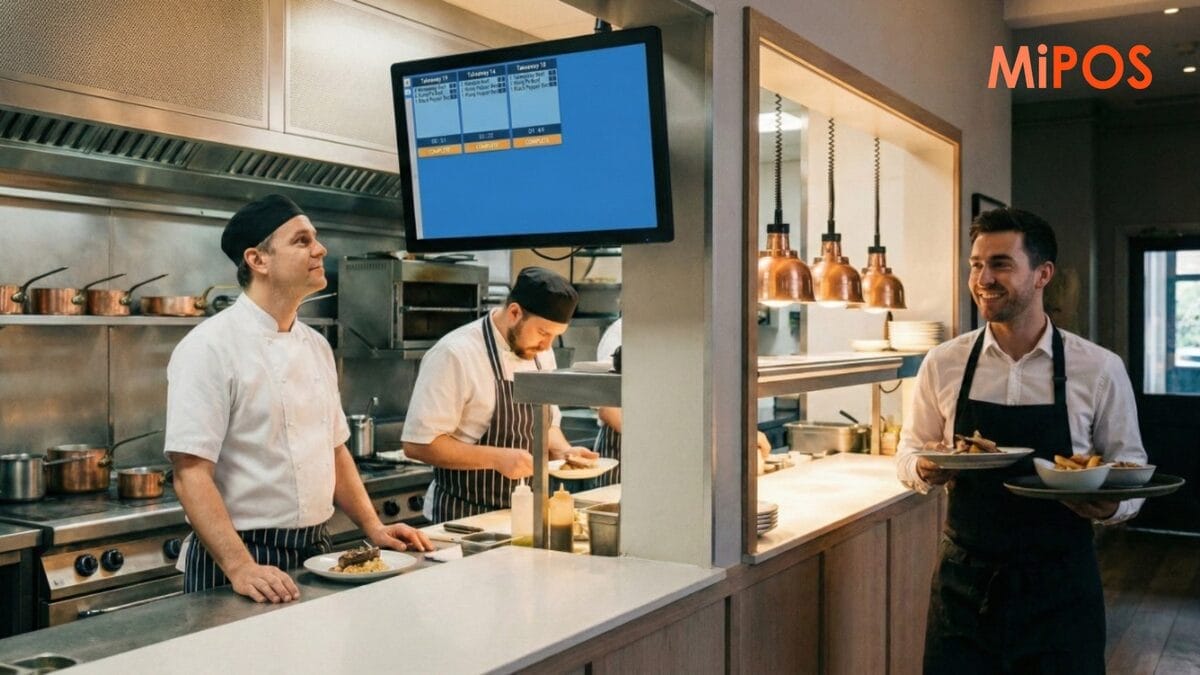Chef viewing digital orders on a kitchen display system integrated with a Restaurant POS System