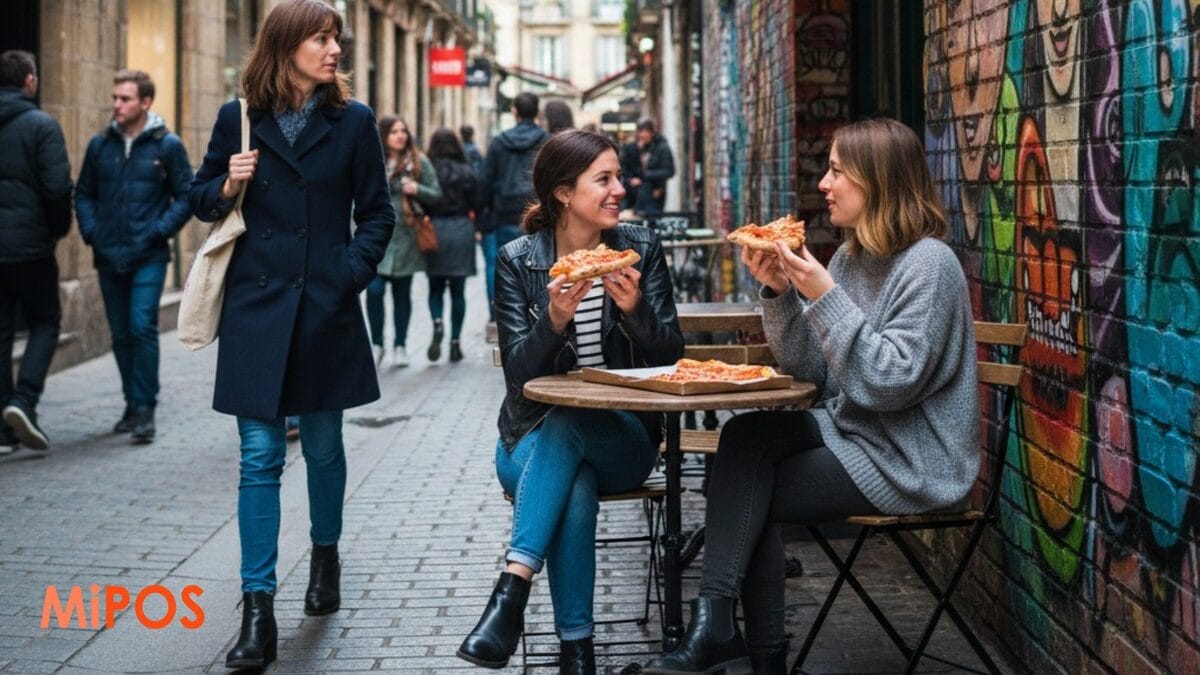 Two friends smiling and eating pizza at an outdoor cafe table with a MiPOS logo overlay