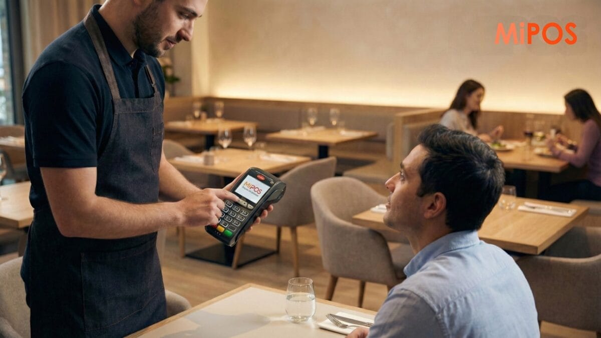 Waiter taking table order with POS system