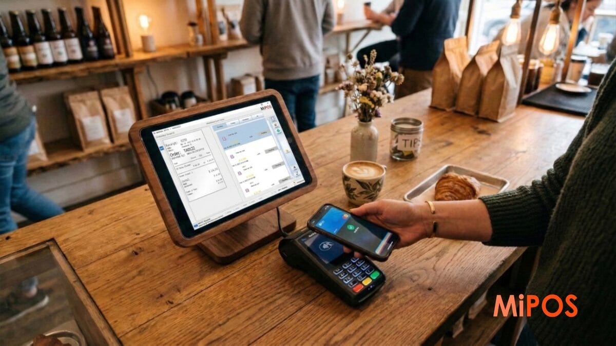MiPOS tablet and contactless smartphone payment on a wooden cafe counter