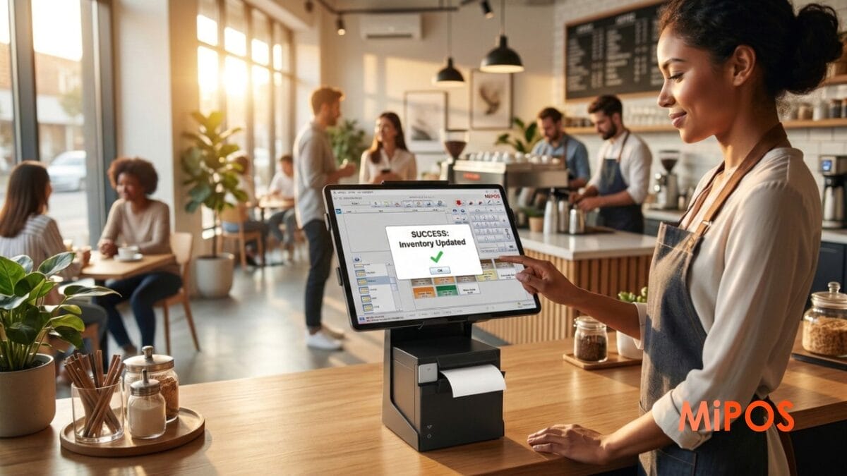 Staff using a Restaurant POS System to manage orders and inventory in a modern dining setting