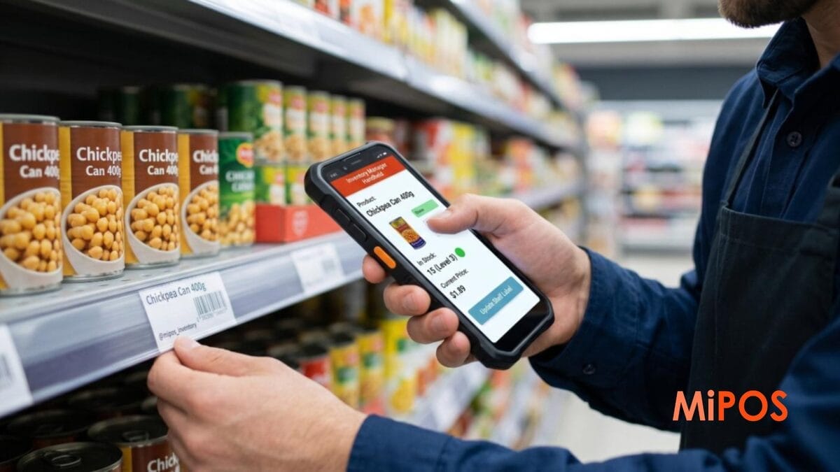 Employee using inventory management software on a tablet to check stock levels