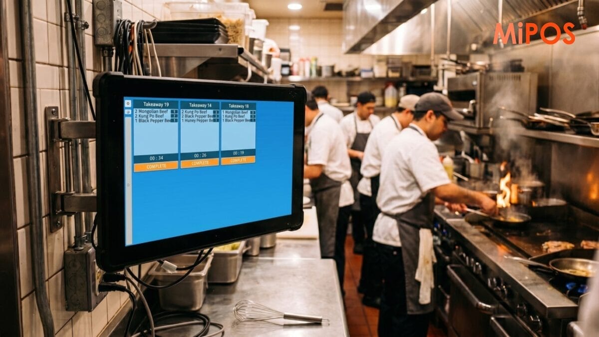 Kitchen order display screen showing live orders in a busy restaurant kitchen